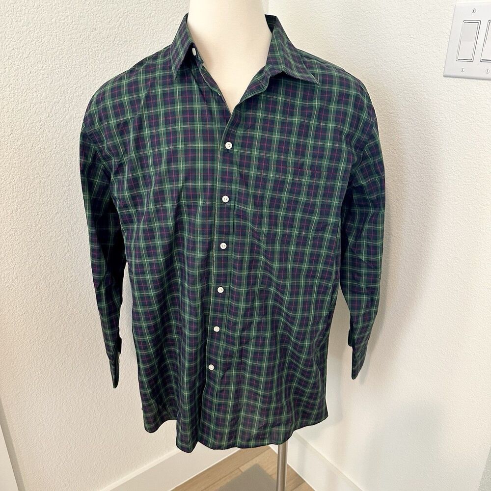 Stafford Travel Performance Super Shirt Men 18 (34-35) Green Blue Plaid Long Slv